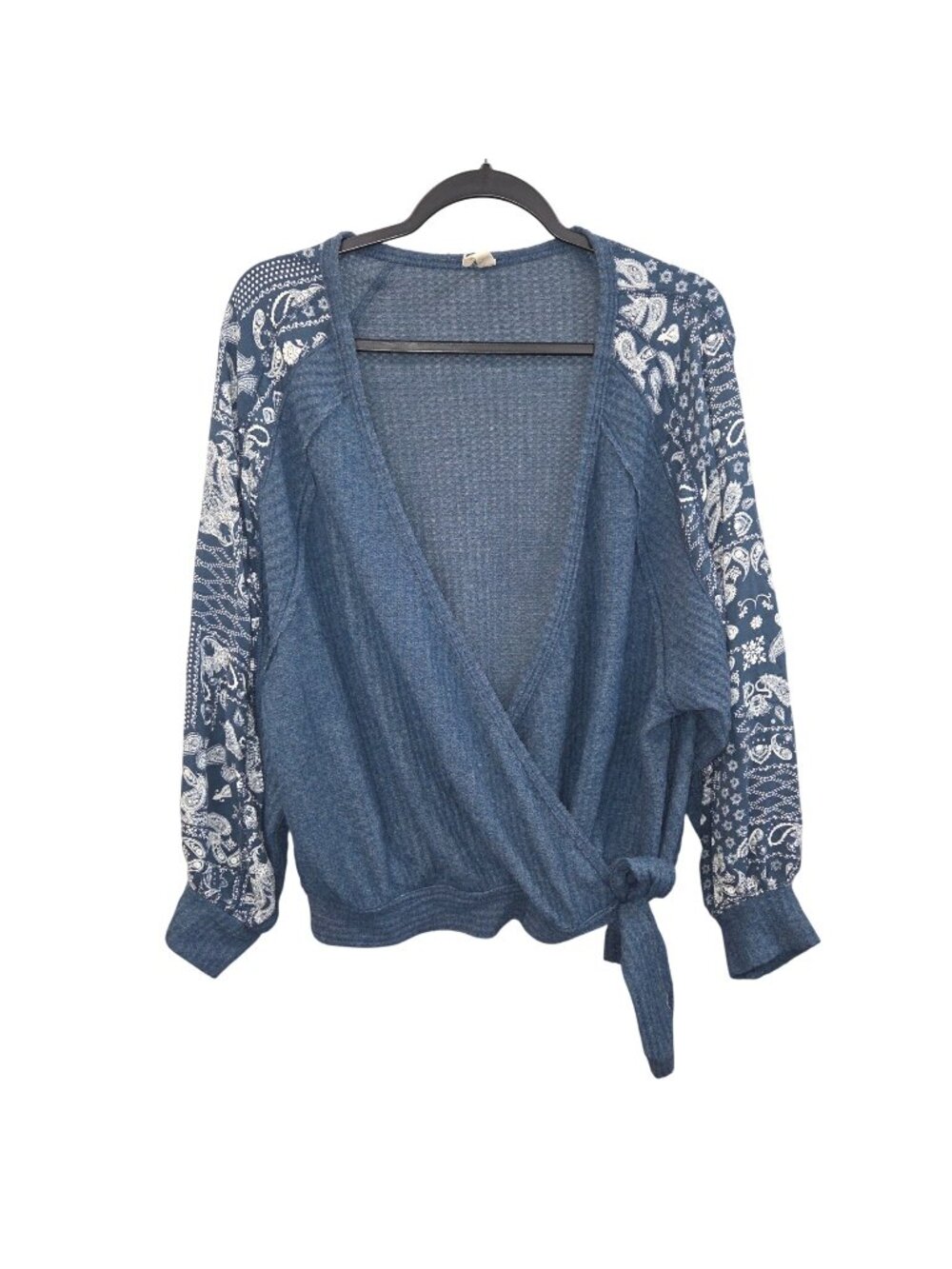 Wishlist Womens Wrap Style Knit Top W/ Paisley Print Sleeves Size M/L Blue 4587